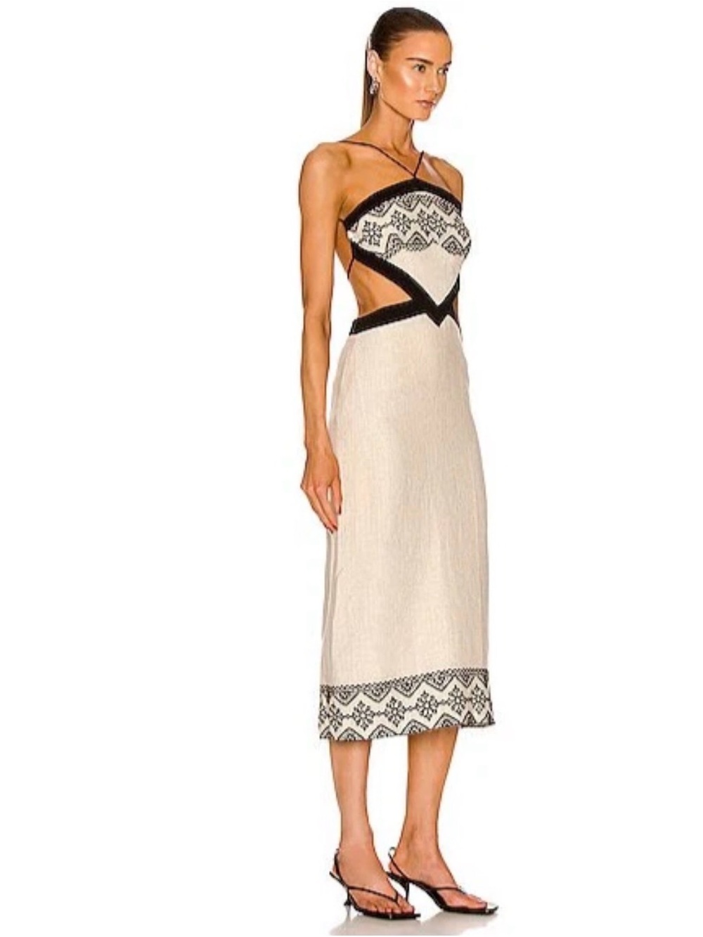 PatBO Cream Midi Dress with Black Trim and Cutouts